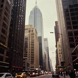 very low angle. futuristic city street at 1 9 5 0 s. low angle. old photo. atmospheric. skyscrapers. vivid colours, mysterious. epic scene. trending on trainstation. 4 k. very high detailed.