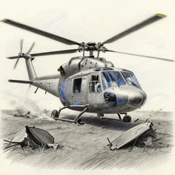 a helicopter crash, Color pencil painting with only black and blue