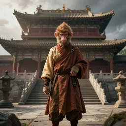 a monkey dressed as a shaolin (((((monk))))), standing in front of an ancient chinese palace, cinematic, dramatic lighting, digital art, artstation, greg rutkowski