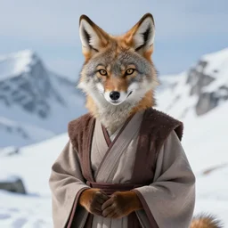 beautiful portrait of a female anthropomorphic coyote fursona wearing jedi robes in the snowy mountains. detailed hands. character design by charlie bowater, ross tran, artgerm, and makoto shinkai, detailed, soft lighting, rendered in octane