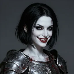 head and shoulders portrait of a female knight, black bob hair, evil smirk, white skin, splattered blood, beautiful, ornamental armor, dark fantasy, extremely detailed, smooth sharp focus, realisitc, matte painting, by frank franzzeta, rossdraws, wlop