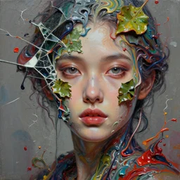 face closeup of beautiful girl in intricate detailed color smashing fluid oilpaint, 3 d render, hyper realistic detailed portrait, color leaves, melting wax, broken mirror, fluid acrilic, impasto, rough canvas textured, thin fractal tendrils, ruan jia, wlop. scifi, fantasy, hyper detailed, octane render, concept art, by peter mohrbacher, by gustav