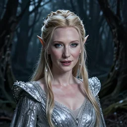 portrait of mischievous, dangerous Cate Blanchett's young Galadriel as a queen of elves, dressed in a elegant silvery garment. The background is a dark, chilling eastern europen forrest.  night, horroristic shadows, higher contrasts, (((lumnious))), theatrical, character concept art by ruan jia, thomas kinkade, and J.Dickenson, trending on Artstation