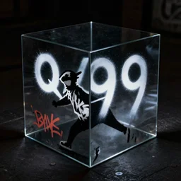 banksy graffiti on mysterious black light prism cube, 1 9 9 9 aesthetic