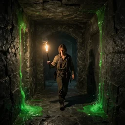 dark stone hallway with green goo in the corners as an adventurer with a torch walks through, by greg rutkowski
