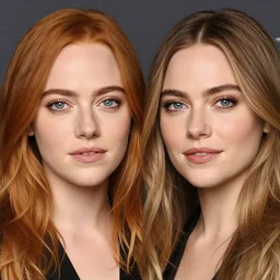 high quality headshot photograph of a model that looks like emma stone and like mila kunis.