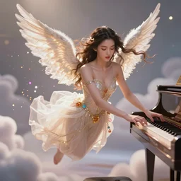 a beautiful female human god of piano character, character is in all its glory, character is centered on the image, character is flying, rim lights, magic in the air, fancy clouds, highly detailed professional photo, dynamic lights, particles are flying, depth of field, trending on artstation, illustration, hyper realistic, vray caustics, super detailed, colorful accents, cinematic shot
