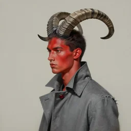 profile portrait handsome young man with narrow face and crimson skin, large curved black and white striped ibex horns on a head, tattered slate gray collared coat with red buttons, painted by dustin nguyen akihiko yoshida greg tocchini, empty background, elegant, hyperrealism, morandi color scheme, octane render, commission art