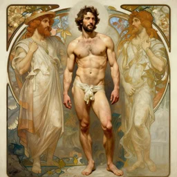 full body portrait muscular paul rudd as the biblical adam, natural lighting, path traced, highly detailed, high quality, digital painting, by gaston bussiere, craig mullins, alphonse mucha j. c. leyendecker
