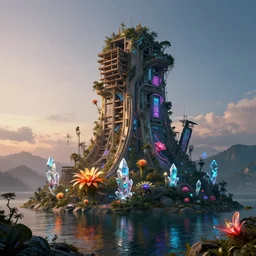 unfinished building by april gornik, lake rainforest evil futuristic thermal imaging biopunk otherworldly architecture island apocalyptic at dusk crystal sunlight tron flowers atlantis neon signs at night, archdaily, wallpaper, highly detailed, trending on artstation.