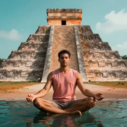 a man floating in the lotus position in a sleeveless rose pink shirt in front of chichen itza, mayan ruins, photorealistic, futuristic, ultra details, sci - fi, cinematic lighting, orange and teal, 8 k, octane engine