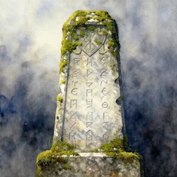 abstract watercolor painting of scandinavian roman god monument, in stone and marble, covered in moss, magical and traditional, runes, cinematic light, national romanticism by anders zorn, by greg rutkowski, by greg manchess