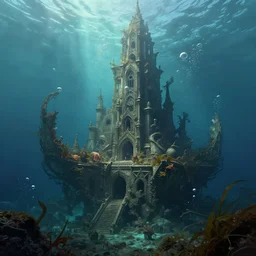 hyper realist matte digital painting of an abandoned underwater city, ancient ruins, underwater photography, jugendstill, floating in water, bubbles rising, seaweed, fairytale, fantasy art, photo realistic, dynamic lighting, artstation, volumetric lighting, by mucha, by alma tadema