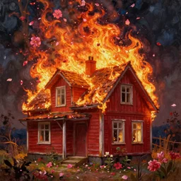 Beautiful surreal oil painting of a burning old red house, the flames turn into flying flower petals, by Sergei Aparin,