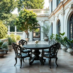 a baroque terrace, garden, clean architecture, deep baroque chairs and a dark brown epoxy wooden baroque round table, some fresh plants, daylight, peaceful, 8 k octane render
