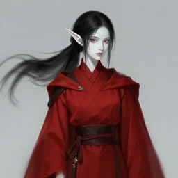 female elf mage, pale white skin, black ponytail hair, red robes, baldur's gate character portrait