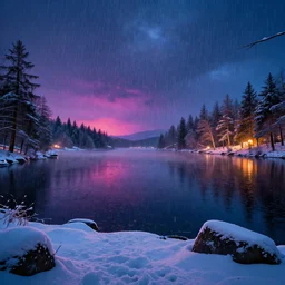 snowy swedish lake, rainy night, cinematic, vibrant, raytracing, 8 k, intense detail, artstation