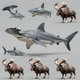 hammerhead shark. muskox, Monster Hunter, concept art from different angles, incredibly detailed, D&D, finished concept art, digital art on Pixiv, trending on Artstation