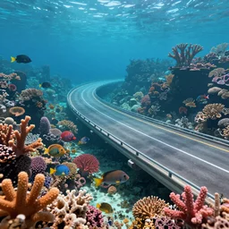 A highway going underwater. Highway is surrounded by colourful corals, fish and vibrant marine life. Award-winning digital art