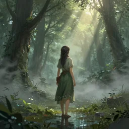 an herbalist girl, back view, fantasy, rpg, beautiful, atmosphere, vibe, mist, forest, rain, puddles, concept art illustration, color page, tone mapping, merilliza chan, marc simonetti, digital illustration, greg rutowski, volumetric lighting, sunbeams, particles