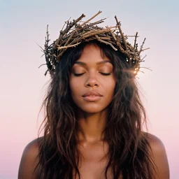 A analog head and shoulder frontal portrait photography of Kimora Lee Simmons wearing an intricate twig crown by Annie Leibovitz, long messy hair, eyes closed, soft gradient pastel color background,  backlit. Kodak Color Plus 200 film, tropical mood, detailed, hq, realistic, warm light, muted colors. lens flare. photoreal. Leica M9.
