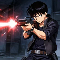gangster anime boy and his laser rifle, shooting laser