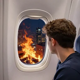 passenger looking city on fire at window in airplane, Andrew McIntosh, trending on artstation
