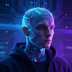portrait of a circuit board human, cyberspace, blue and purple, light beams, hacker, digital art by albert edelfelt