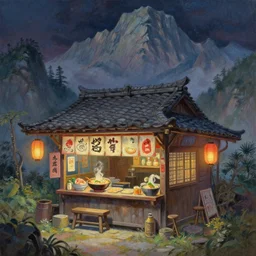 enchanted ramen stall in the faraway mountains. this oil painting by the award - winning mangaka has a beautiful composition, great sense of depth, dramatic lighting and intricate details.
