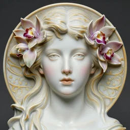 beautiful young orchid fairy detailed realistic porcelain face portrait by jean delville, alphonse mucha, iris van herpen and charlie bowater, art forms of nature by ernst haeckel, art nouveau, symbolist, visionary, gothic, neo - gothic, pre - raphaelite, fractal lace, intricate alien botanical biodiversity, surreality, hyperdetailed ultrasharp octane render