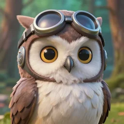 high resolution, cinematic, anthropomorphic owl character, realistic detailed hyperrealistic fluffy feathers, pilots hat, made in 3 d, collectable statue, octane render, friendly face, large eyes, super cute, forrest background, depth of field, sharp focus, volumetric lighting by studio ghibli and pixar