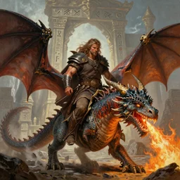 panoramic portrait painting of very handsome and savage barbarian riding a legendary dragon blowing fire, asymmetric, full body view and focus of high detailed photo realistic face, wearing ancient barbarian clothing in the style of conan, centered, rule of thirds photo, hyper realistic, runic temple in the background, sharp focus, intricate oil painting, box art illustration style masterpiece trending on artstation pixiv fanbox by