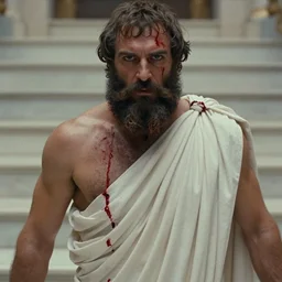 1 9 6 0 s movie still close - up of caligula in white toga heavy bleeding on marble stairs, cinestill 8 0 0 t 3 5 mm, high quality, heavy grain, high detail, dramatic light, anamorphic, detailed beard