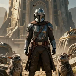 still image screenshot portrait of han solo defending wookies on mandalore, from the tv show mandalorian on disney +, scene in front of a strange building, moody mining planet, kashyyyk, anamorphic lens
