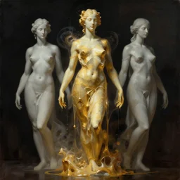 3 d abstract concept art of beautiful goddess sculpture melting in to transluscence liquid concrete gold rendered by octane with strong volumetric light painted in 1 7 th century french by beeple, wlop and greg rutkowski with dark backround in style of hr giger, cubism, volumetrism