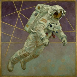 insane detail textured art deco painting of astronaut full body flying from bottom left to top right muted greens and browns geometric gold and deep _ purple, beautiful painting by mucha and kuvshinov