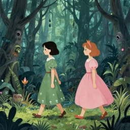 two girl walking in the swamp. picture book the princess in dark demoniac evil swamp. by satoshi kon, ilya repin, lena aenami, shinji kimura