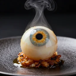 hot steaming eyeball, michelin star restaurant, hdr studio lighting, award winning food photography, highly detailed