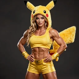 muscular woman dressed up as a Mortal Combat Character in a pikachu costume, photo by Annie Liebovitz