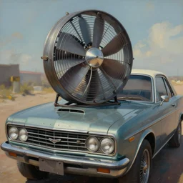 A car with a giant fan attached to its hood, diesel punk , beautiful digital art, cinematic composition, detailed, concept art, Matt painting, oil painting, high res, norman rockwell artwork style,