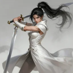 a highly detailed illustration of fierce messy ponytail black haired one armed delinquent woman wearing long white coat cape, dramatic wielding sword pose, muscular, intricate, elegant, highly detailed, centered, digital painting, artstation, concept art, smooth, sharp focus, league of legends concept art, wlop.