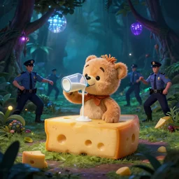 noddy drinking milk in a haunted jungle full of cheese at midnight with disco lights and dancing policeman
