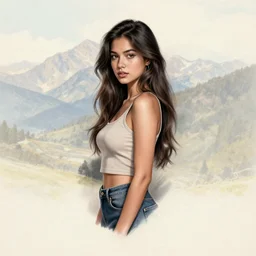 tattoo design sketch of a beautiful girl standing against a faded background of beautiful mountain scenery, hyper realistic drawing
