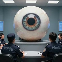 a giant eyeball being interrogated by police in an interrogation room