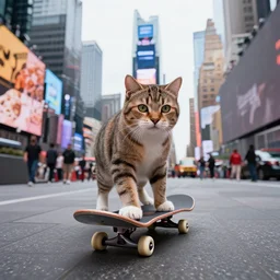 A cat riding a skateboard in Times Square, New York City, 4k, high quality, award winning photo