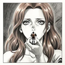 creepy scarlett johansson hold tiny person over her open mouth, in attack on titan anime. dramatic lighting, anime style, pencil and ink manga drawing, centered in panel
