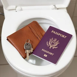 ( wallet, passport, keys, id card ) in toilet
