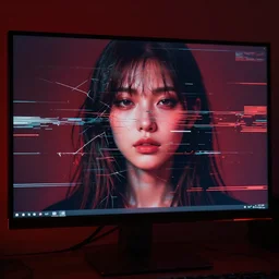 A broken monitor with a calm AI women's face on it. No red color, dim colors. Very very very strong glitches on the monitor. The face is blurry with glitches. Extremely high detail, glitchcore, glitches, glitch, cyberpunk, 8k render