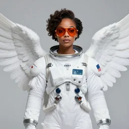 portrait of very very very very very very beautiful african woman with angels wings, spacesuit, orange sunglasses, intricate, elegant, highly detailed, digital painting, artstation, concept art, smooth, sharp focus, illustration, art by artgerm and greg rutkowski and alphonse mucha