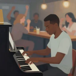 a blurry messy painting of a bar brawl, black man playing piano, flat colors, artstation